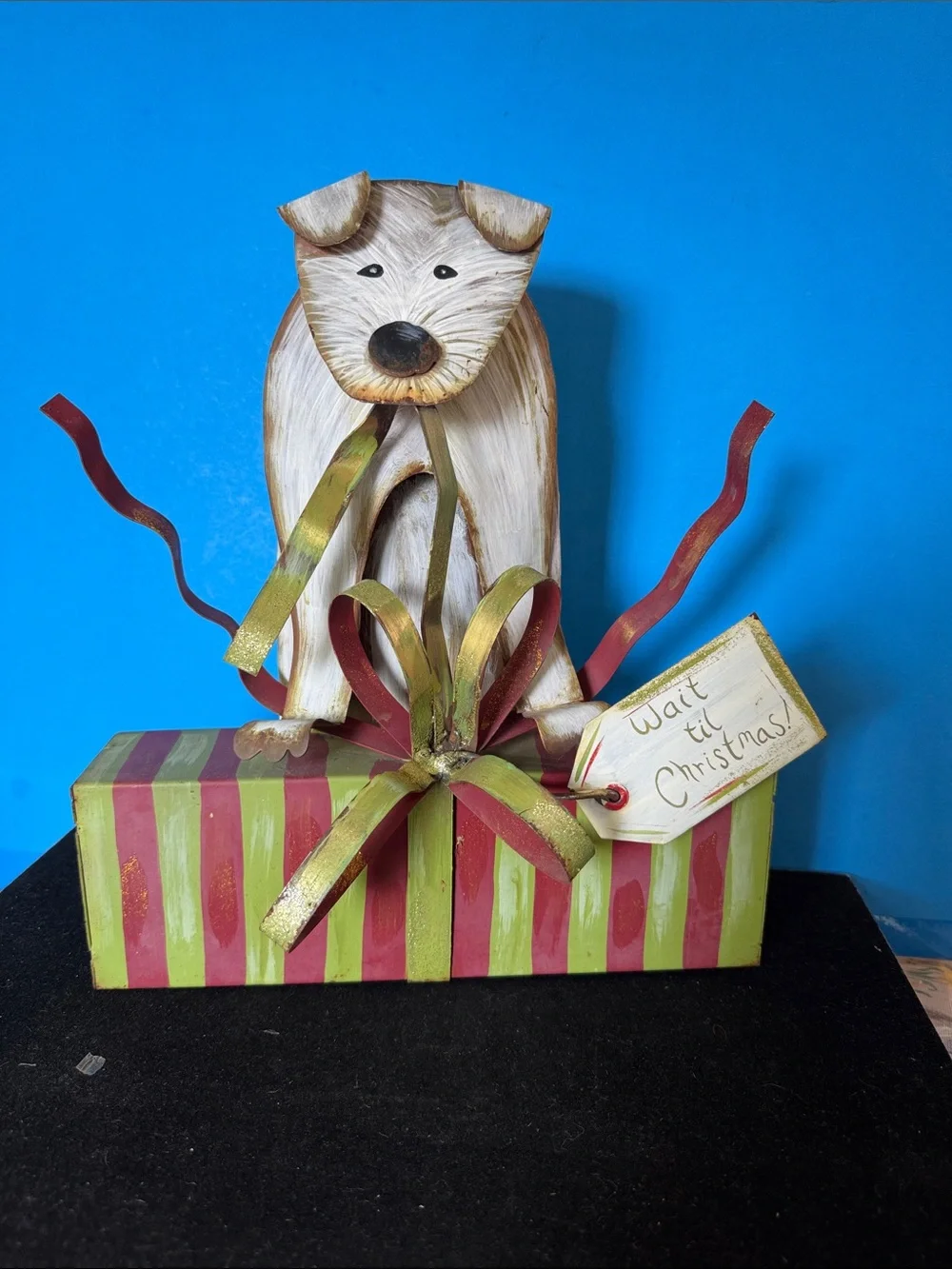 Terrier Dog Metal Christmas Yard Porch Statue featuring a hand-painted dog
